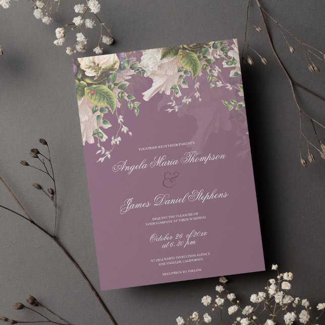 Rosa av elfenben blommigt bröllop i den botaniska  inbjudningar (Botanical purple green pink ivory floral wedding invitation)