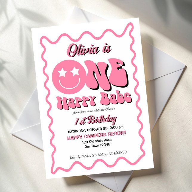 Rosa av en babyretro i lycklig 1:a födelsedag part inbjudningar (One happy babe retro pink 1st birthday party invitation template)