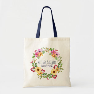 Rosa av färgade andedräkt Gula blommor och röda bä Tygkasse