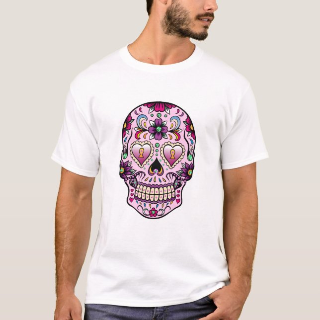 Rosa av färgton för Retro Blommigt Sugar Skull T Shirt (Framsida)