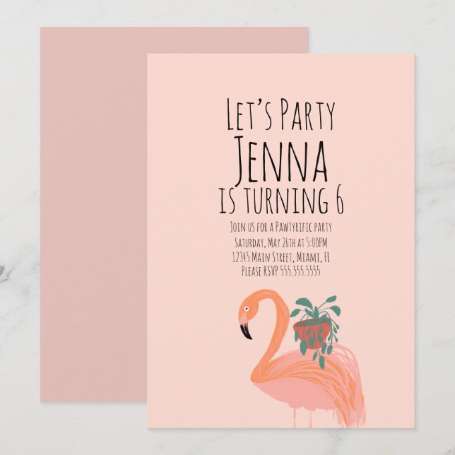 Rosa av Födelsedagsfest av Cute Flamingo Plant Inbjudningar (Fram/baksida)