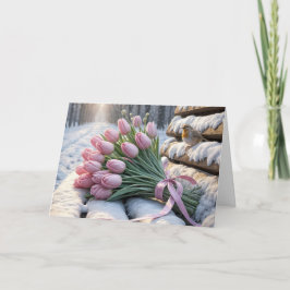 Rosa av födelsedagstulpaner på en snöbänk kort