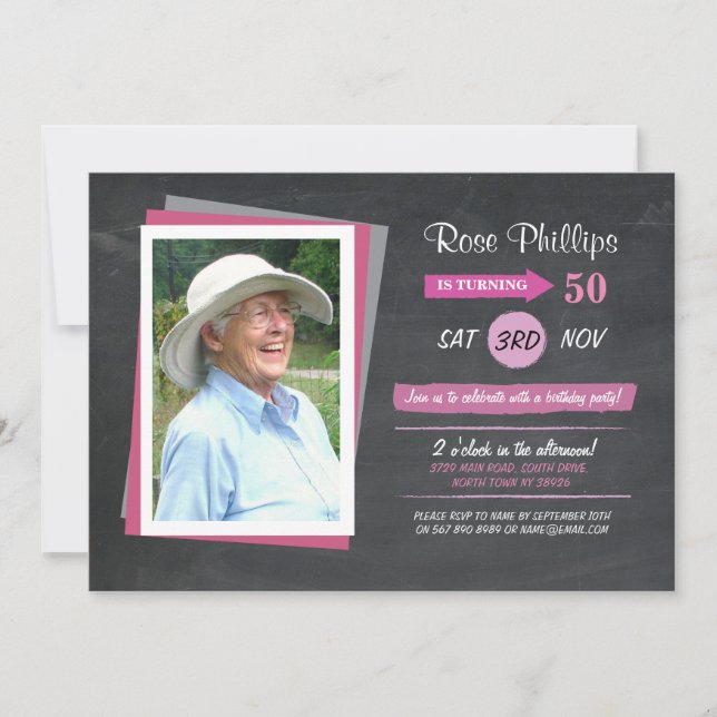 Rosa av foto Birthday Chalk Kvinnor i Inbjudan (Framsida)