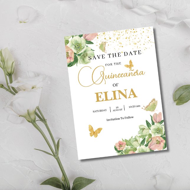 Rosa av grönt för vattenfärgsfärgsedel Quinceañera Spara Datumet (Skapare uppladdad)