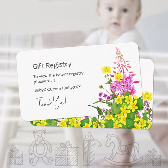 Rosa av Gulten Wildblomme i  Baby Shower Gift Regi Tilläggskort (Baby Shower Gift Registry Yellow Pink Wildflower Enclosure Card ©Susanne Sachers - Sunny Mind Design)