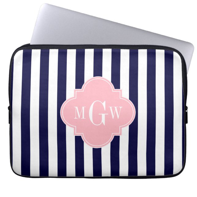 Rosa av havskräfta Vit Rand Quatrefoil 3 Monogram Laptop Sleeve (Framsidan)