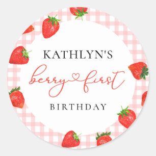 Rosa av jordgubbar Berry First Play Gingham Birthd Runt Klistermärke