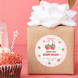 Rosa av jordgubbar Gingham Birthday Tack Sticker Runt Klistermärke