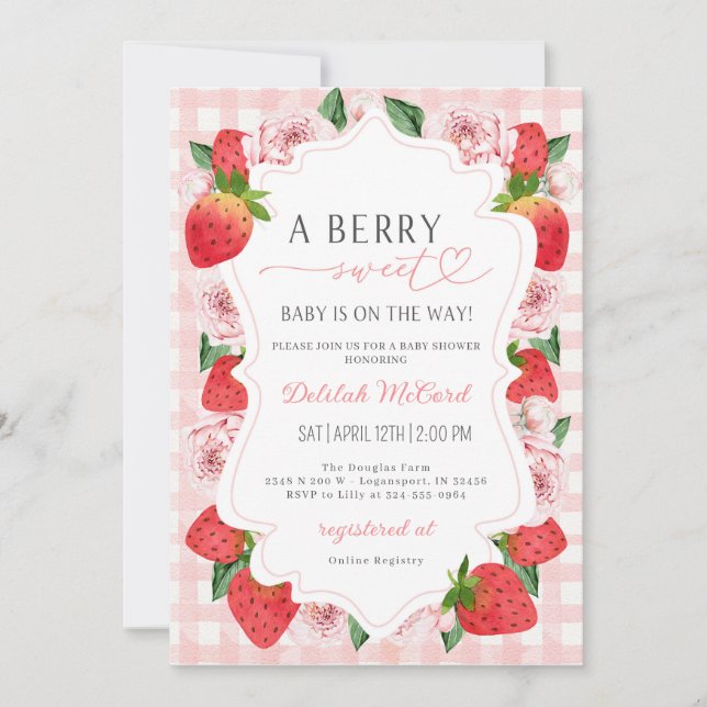 Rosa av jordgubbar Gingham Girl Baby Shower Inbjud Inbjudningar (Framsida)
