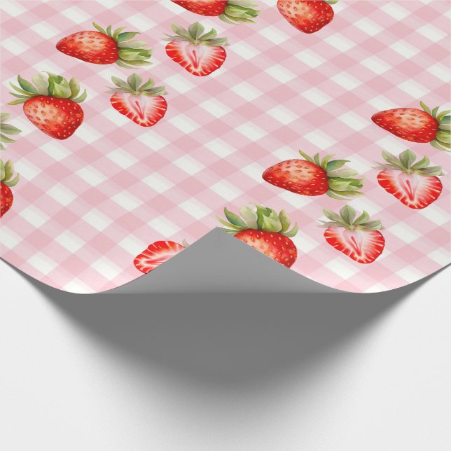 Rosa av jordgubbar Gingham Wrapping Papper Presentpapper (Hörn)