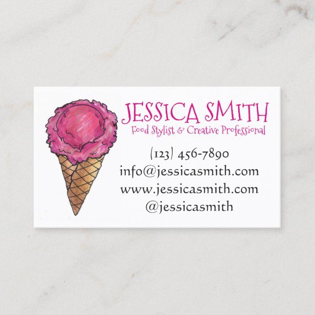 Rosa av jordgubbar Ice Cream Cone Scoop Dessert Fo Visitkort (Framsida)