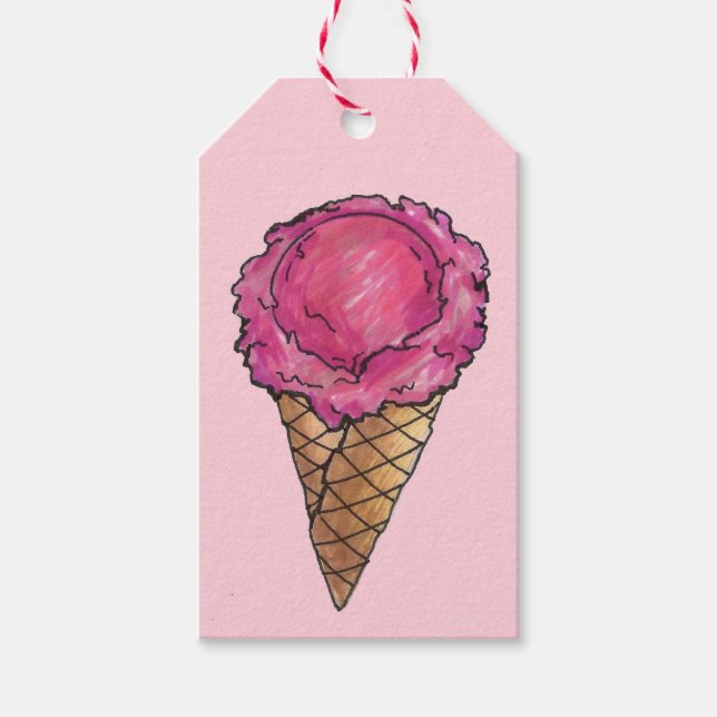 Rosa av jordgubbar Ice Cream Scoop Waffle Cone Foo Presentetikett (Framsidan)