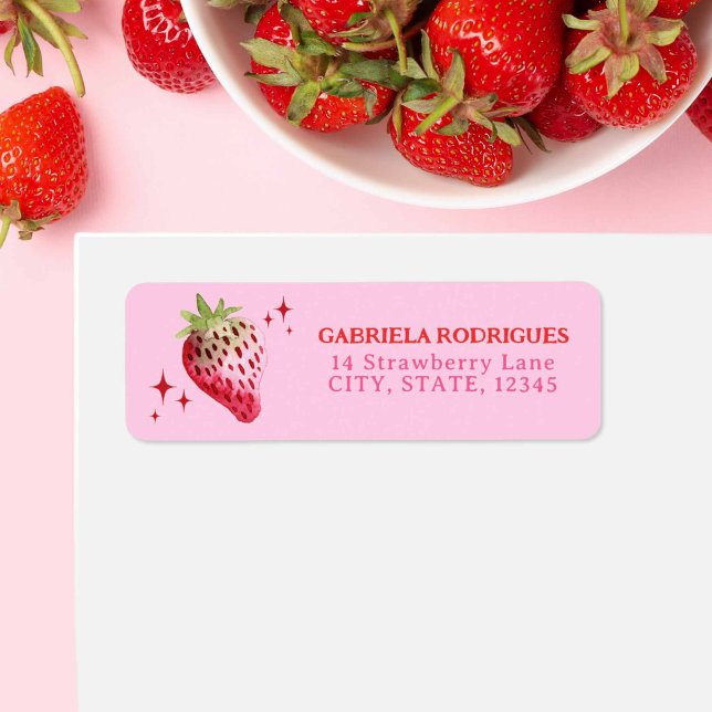 Rosa av jordgubbsjordgubbar och rött returadress etikett (Watercolor Strawberry Pink and Red Label)