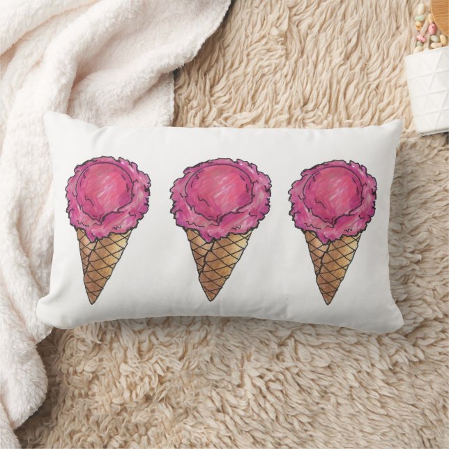 Rosa av jordgubbskädda Ice Cream Waffle Cone Food Lumbarkudde (Filt)