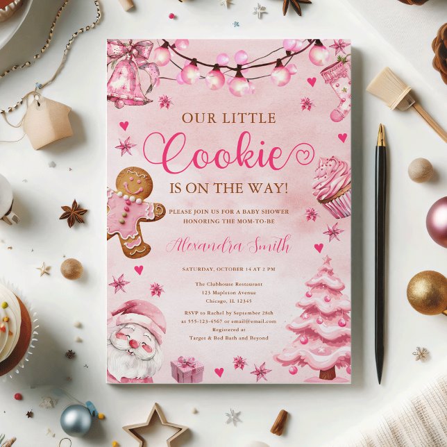 Rosa av julkakor Gingertea Baby Shower Inbjudningar (Girl Christmas A Little Cookie Pink Gingerbread Baby Shower Invitation)