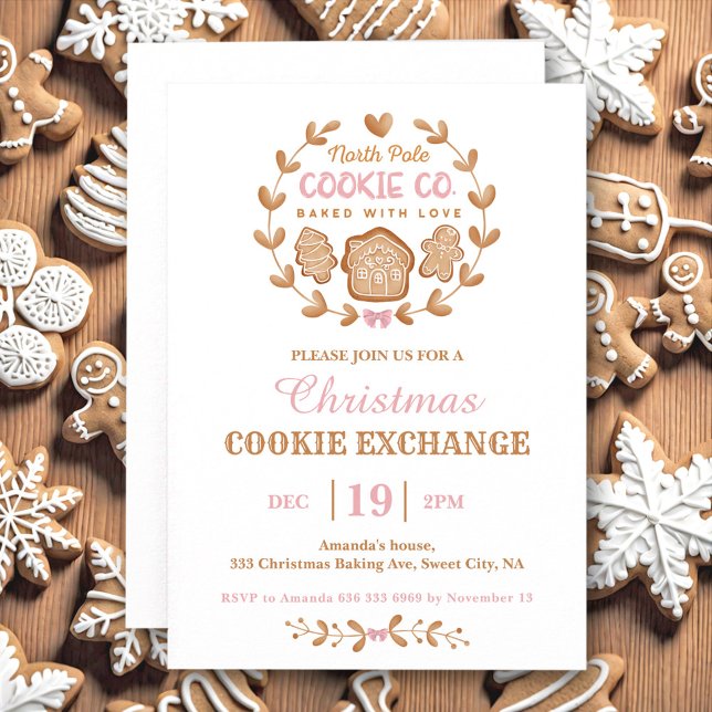 Rosa av julkakor i Exchange Gingerworde Simple Inbjudningar (Christmas Cookie Exchange Gingerbread Pink Simple Invitation)