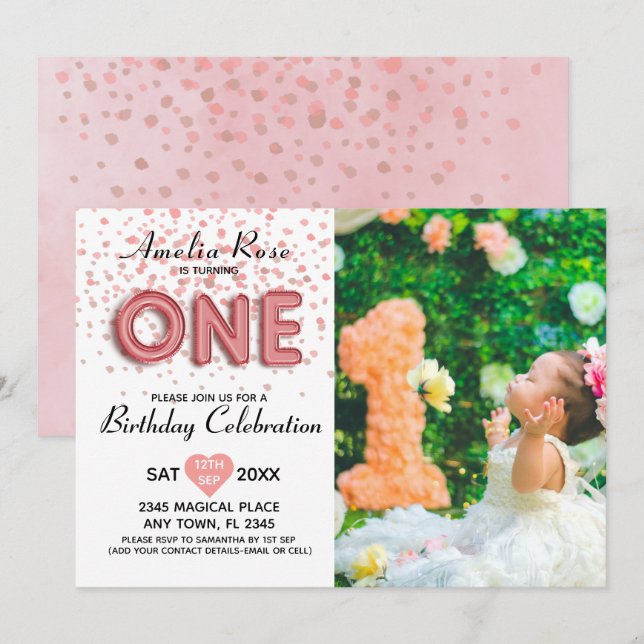 Rosa av konfetti-bubblor för första födelsedag inbjudningar (Fram/baksida)