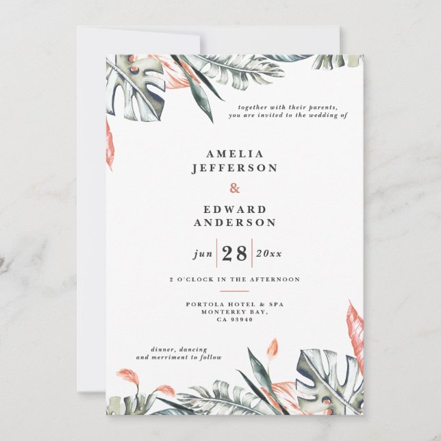 Rosa av korall och tropisk barrträd i löv bröllop (Framsida)