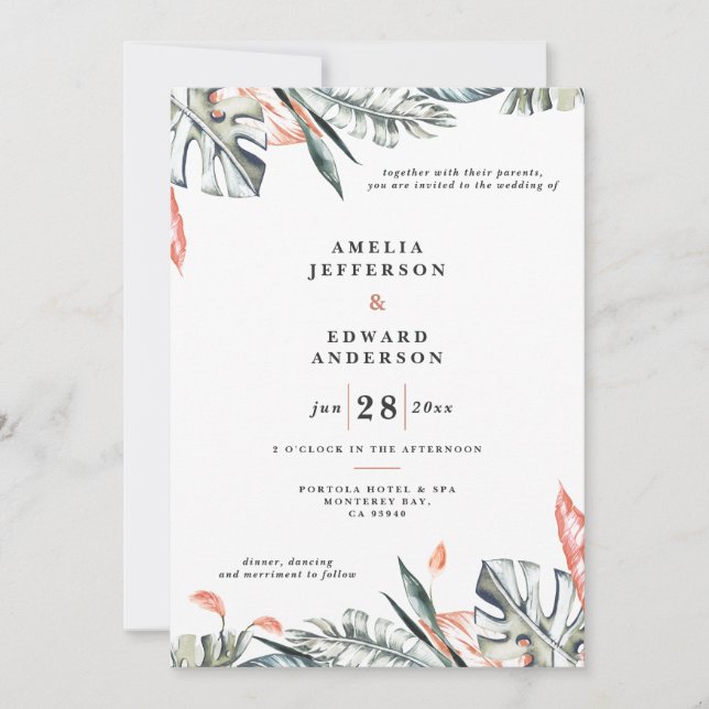 Rosa av korall och tropisk barrträd i löv bröllop (Framsida)