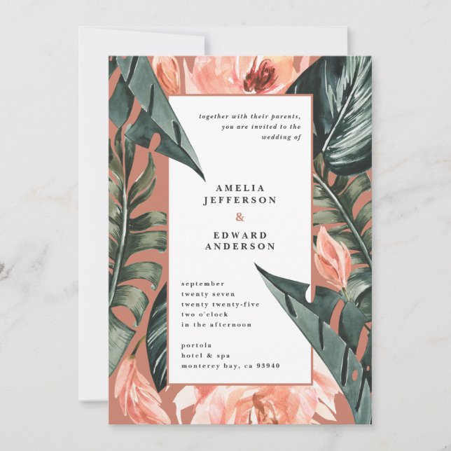 Rosa av korall och tropisk barrträd i löv bröllop (Framsida)