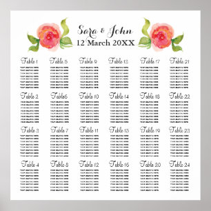 rosa av korallvatten, blommigt bröllop, sittplan poster