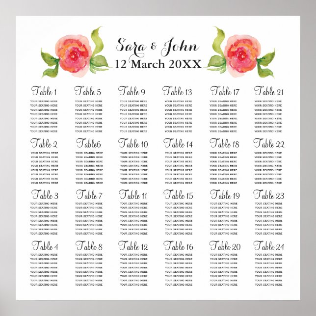 rosa av korallvatten, blommigt bröllop, sittplan poster (Framsidan)