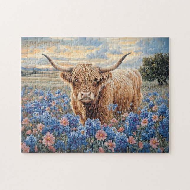 Rosa av kronor och blåsnor (Highland Cow) Pussel (Horisontell)