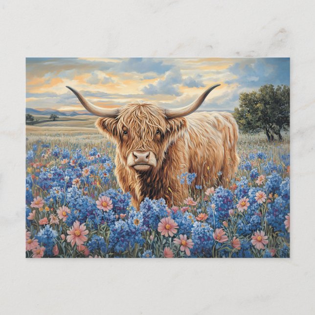 Rosa av kronor och blåsnor (Highland Cow) Vykort (Framsida)