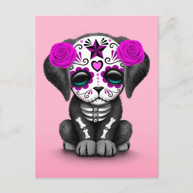 Rosa av kute Lila Day of the dead Puppy Hund Vykort (Framsida)