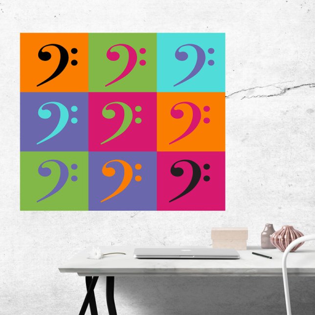 Rosa av Lila av Orange i Bass Clef Mönster Poster (A poster featuring a bass clef pattern in orange, pink, green and turquoise)