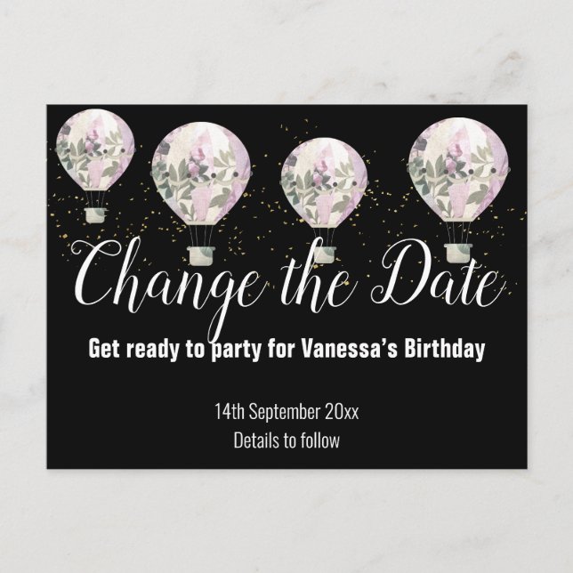 Rosa av luftballong Ändra datumsvart Meddelande Vykort (Framsida)