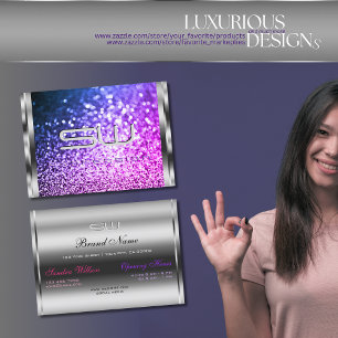 Rosa av Luxury Silver Gnistra Lila Glitter Initial Visitkort