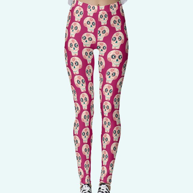 Rosa av Magentan Day of the dead Leggings (Pink Sugar Skull Day of the Dead leggings)