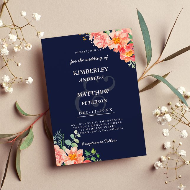 Rosa av marin korall, vattenfärg elegant bröllop inbjudningar (Navy blue coral pink watercolor elegant Wedding Invitation)