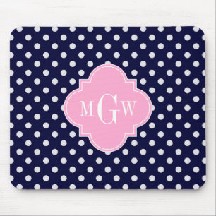 Rosa av marin vit Polka dots Quatrefoil 3 Monogram Musmatta