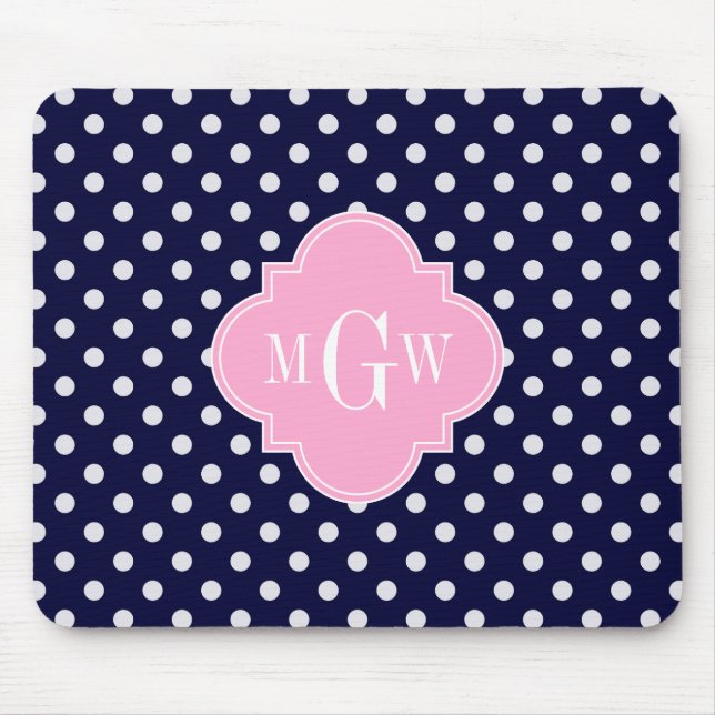 Rosa av marin vit Polka dots Quatrefoil 3 Monogram Musmatta (Framsidan)