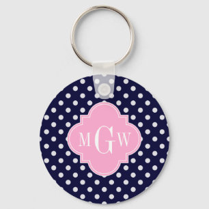 Rosa av marin vit Polka dots Quatrefoil 3 Monogram Nyckelring