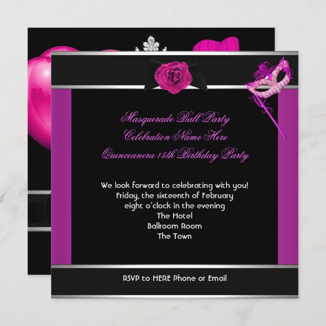 Rosa av MasqueraQuinceanera Födelsedagsfest Inbjudningar (Fram/baksida)