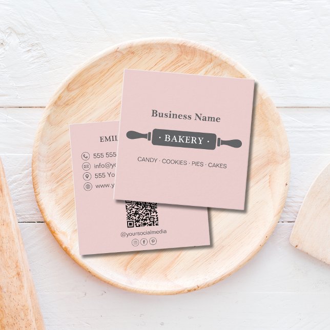 Rosa av minimalistisk Roller Bakery Fyrkantigt Visitkort (Minimalist Roller Bakery Pink Square Business Card)