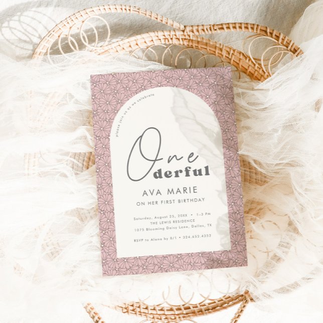 Rosa av offerfull Retro Daisy Girls 1:a födelsedag Inbjudningar (Skapare uppladdad)