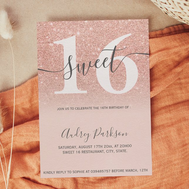  rosa av pastel från ro guld, Sverige 16 Inbjudningar (Rose gold glitter pastel blush pink Sweet 16 Invitation)