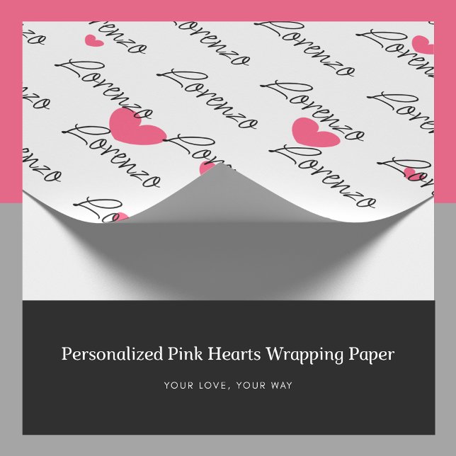 Rosa av personlig - radbrytning Papper Presentpapper (Personalized Name Pink Hearts Wrapping Paper, Custom Gift Wrap)