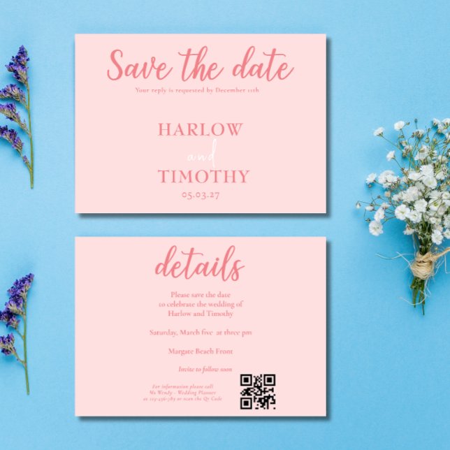 Rosa av QR- för Elegant bröllop-kort Spara datum Datumet (Elegant Wedding card Pink QR code Save the Date)