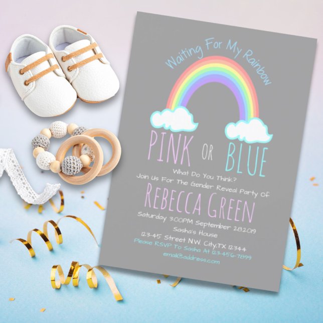 rosa av regnbåge eller blått gender visar party inbjudningar (rainbow cloud pink or blue gender reveal party invitation)
