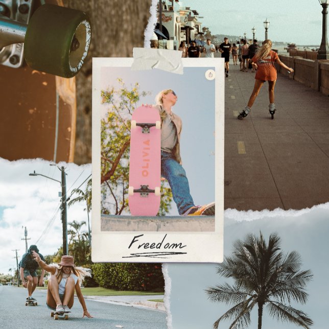 rosa av rekreestetiskt trendig och rödskateboard mini skateboard bräda 18,5 cm (vintage retro aesthetic pink skateboard for her personalised with her name in red)