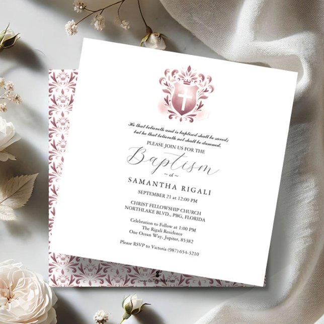 Rosa av Religiösa för fyrkantsinbjudningar Inbjudningar (Daughter baptism invitations dusty rose watercolor)