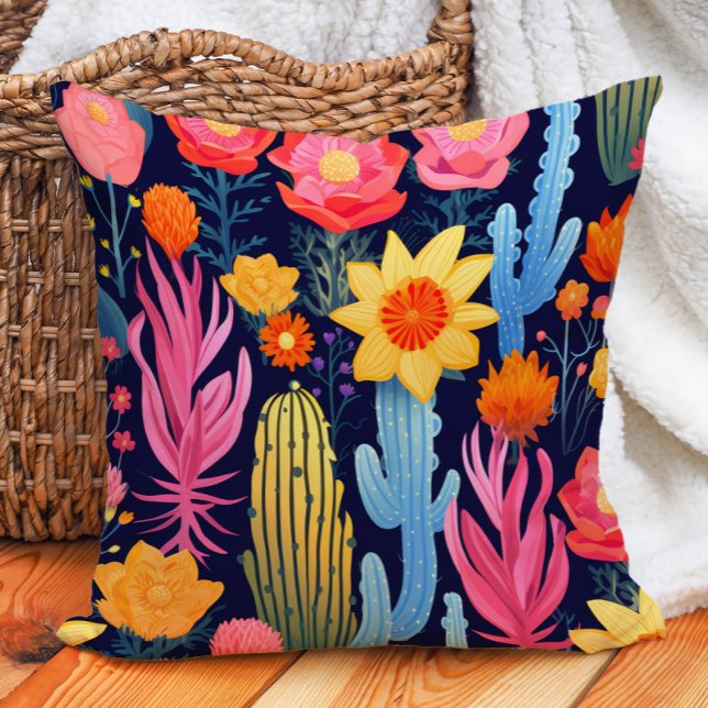 Rosa av rödflottans Blommigt Cactus Eclectic Fold  Kudde (Eclectic Bold Yellow Pink Red Navy Floral Cactus Throw Pillow)