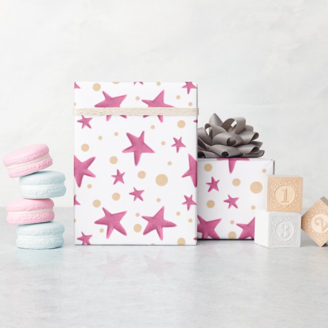 Rosa av Roligt Stars och Gult Circles Party Presentpapper (Baby Shower)
