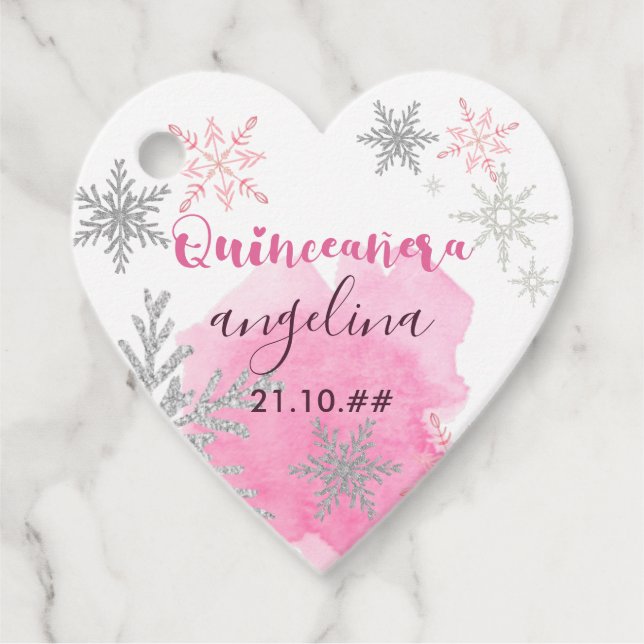 Rosa av snöflummel och Silver Quinceanera Gåvor Etiketter (Framsida)