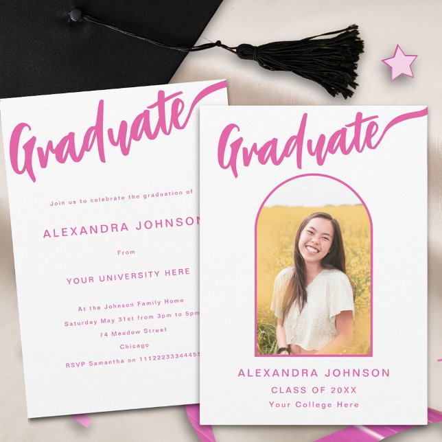 Rosa av student Photo Arch- Meddelande (Stylish hot pink script calligraphy graduate photo arch graduation announcement card)
